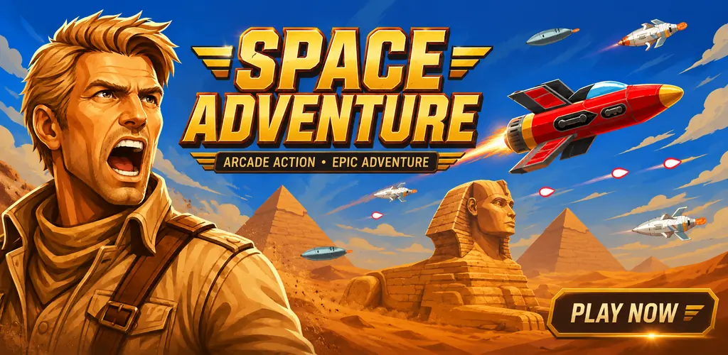 Space Adventure hero, spacecraft, pyramids, and the Sphinx